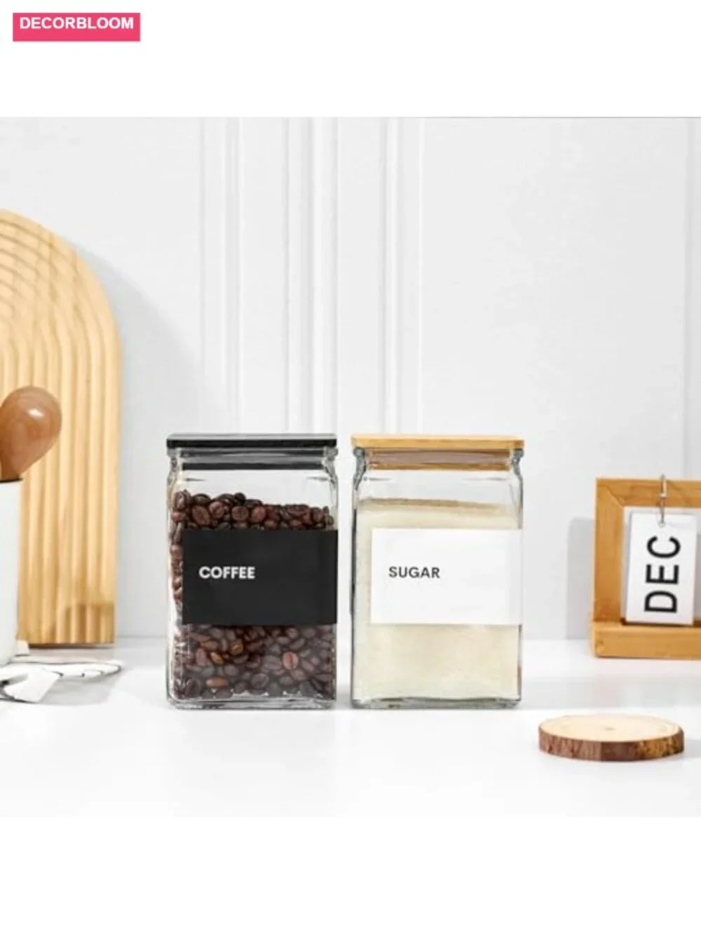 Glass Storage Jars with Bamboo Lids, 27oz Square Spice Jars for Kitchen Pantry